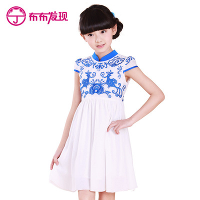 布布发现2016童装女童连衣裙夏季儿童裙子中国风短袖中大童裙