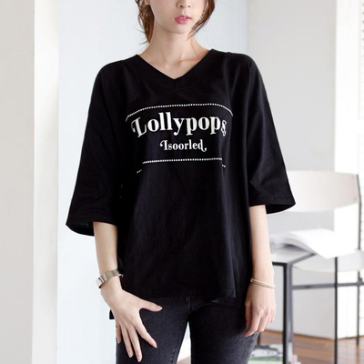 韩版新款女装宽松显瘦夏装V领七分袖体恤衫黑色落肩字母印花T恤女