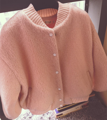 2015冬季新款宽松显瘦加厚粉色短款羊毛呢子外套羊绒棒球服棉衣女