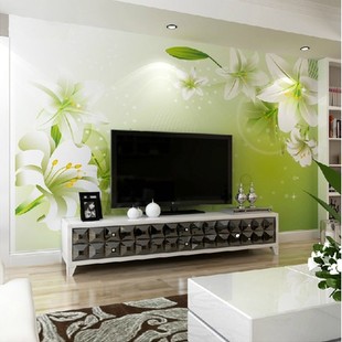 现代客厅电视背景墙壁纸 温馨卧室沙发墙纸大型壁画 简约绿色百合