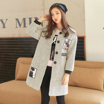 2015韩国东大门女装代理秋冬季新款单排扣毛呢长款棒球服外套