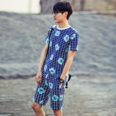 秋夏季男装修身运动休闲2015年新款韩版男士修身时尚格子短袖套装