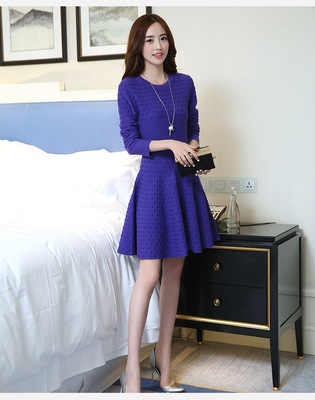 新品韩版品牌女装修身显瘦长袖毛衣提花纯色大摆针织连衣裙