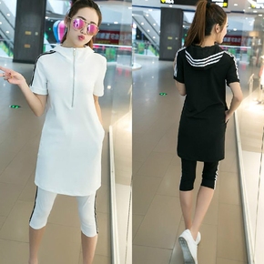 2016夏季休闲套装女韩版中长款连帽半袖短袖修身七分裤运动两件套