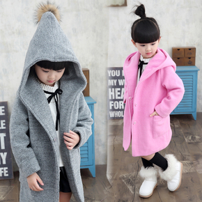童装秋冬韩版2015中大女童真毛球连帽保暖外套羊毛呢中长加厚大衣