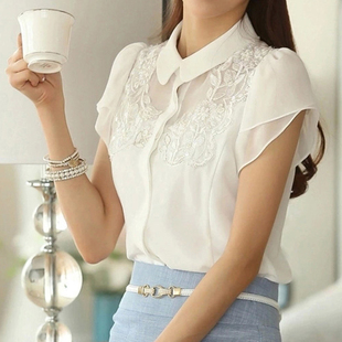 韩版修身短袖雪纺衬衫女夏装新款拼接蕾丝雪纺上衣显瘦大码白衬衣