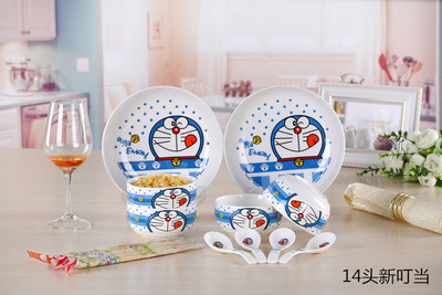 全国包邮hellokitty卡通陶瓷14头碗勺餐具凯蒂猫韩式陶瓷碗碟套装