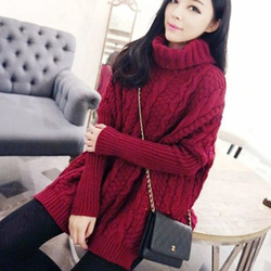 韩国新款冬装中长高领套头毛衣女加厚粗线宽松大码蝙蝠针织衫外套