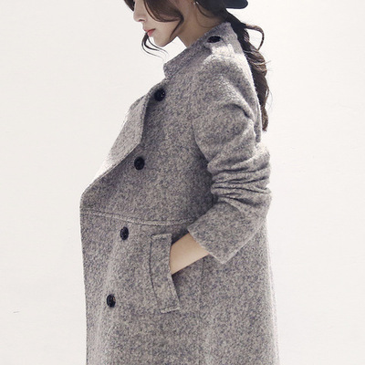 呢大衣外套女2015冬新款韩版双排扣毛呢外套宽松中长款女式呢大衣