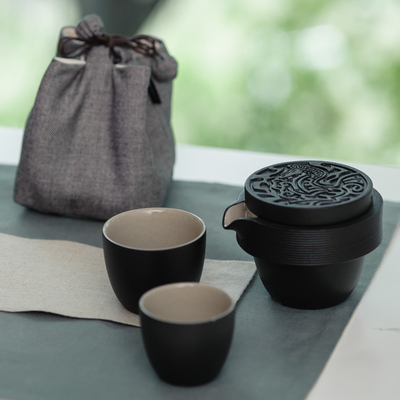 台湾陆宝茶具 宝马奔驰旅行茶组 一壶两杯 配壶袋收纳 陶瓷茶具
