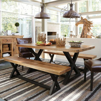 北欧餐桌复古实木大餐桌创意咖啡桌酒吧铁艺西餐厅餐桌椅组合书桌