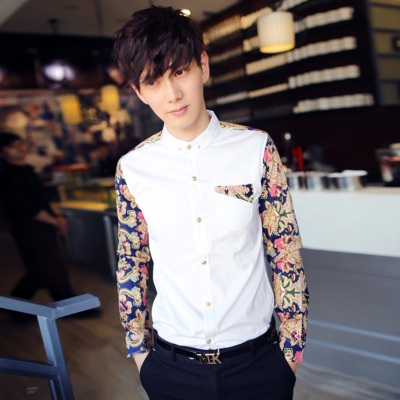 男士长袖衬衫韩版修身拼接花色新款不规则男生长袖小衫衬衣美发师