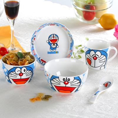 包邮陶瓷碗碟奶牛儿童餐具套装卡通韩式碗勺筷子