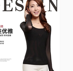 2015韩版新款 雪纺黑色上衣 低领蕾丝网纱春秋季打底衫女长袖T恤