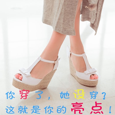 2015春夏新款波西米亚松糕坡跟高跟麻草编织蝴蝶结女凉鞋FD4234AB
