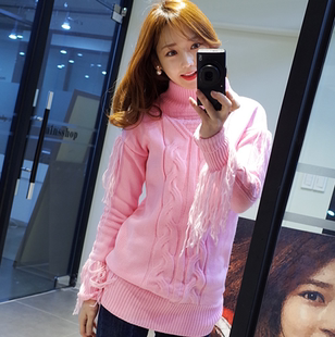 minsshop韩国代购正品冬新款2015高领纯色流苏长袖套头针织衫1203