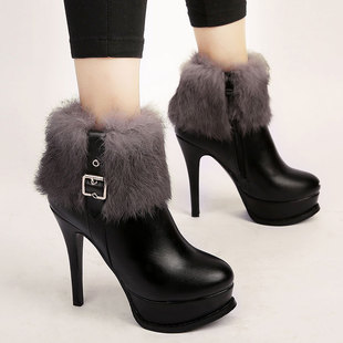 2015冬季新款真兔毛高跟女鞋保暖雪地靴细跟女靴时尚潮流踝靴短靴