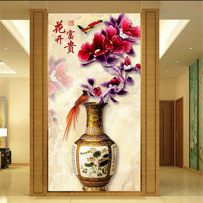 中式走廊玄关背景墙壁纸现代大型壁画墙纸客厅过道3D花瓶富贵