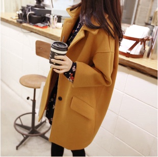 2015秋冬新款韩版时尚女装修身呢子大衣中长款宽松大码毛呢外套女