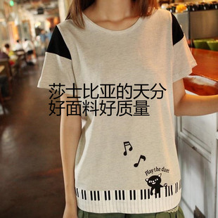 2015春夏装新款女装日系森女系钢琴猫棉质圆领短袖t恤