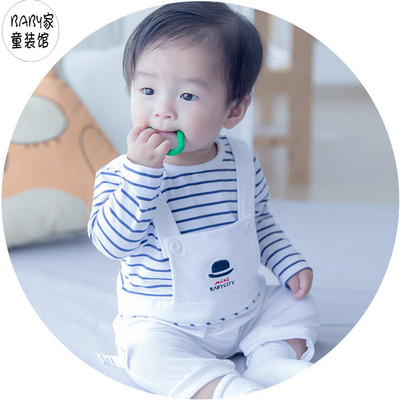 韩版纯棉宝宝连体衣0岁新生儿哈衣3月婴幼儿爬服长袖背带裤假两件