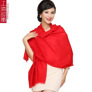 上海故事中老年羊毛围巾女士冬季长款羊绒披肩秋冬两用红色礼盒装