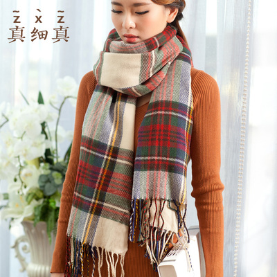 真细真 仿羊绒毛线围巾女冬季韩国学生围巾 格子百搭加厚保暖