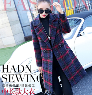 毛呢外套女2015秋冬新款韩版修身中长款朵以女装羊毛呢格子大衣潮