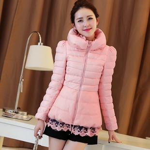 女装15冬季新款韩版甜美显瘦小外套修身加厚短款立领蕾丝棉衣特价