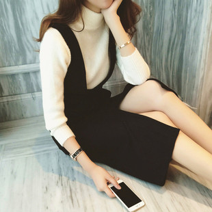 2016秋装新款韩版修身显瘦V领开叉收腰呢子背带裙中长款连衣裙子