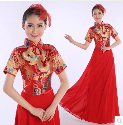 新款2015演出服女长裙中国风合唱服古典民族扇子舞蹈服装开场舞