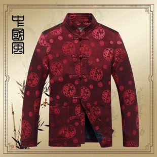 中国风时尚中老年长袖外套中式复古汉服上衣男秋冬款男装夹克丝绵
