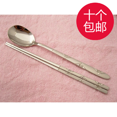 韩国原产 不锈钢餐具 筷子勺套装 实心筷子 白钢磨砂幸运草
