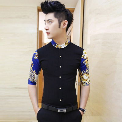 夏季韩版时尚发型师夜店新款韩版个性衬衫男修身款半袖七分袖衬衣