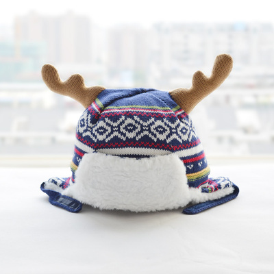 冬季圣诞新款男女宝宝纯棉线加厚护耳帽 婴儿羊羔绒保暖加绒帽子