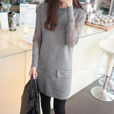 2015年春秋冬季新款韩版女士毛衣圆领蕾丝镂空修身中长款针织衫