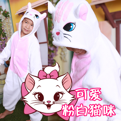 包邮 可爱儿童动物连体睡衣 卡通粉白猫咪法兰绒居家服 表演服