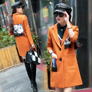 2015秋冬新款女士韩版直筒中长款羊毛呢子复合羊绒大衣毛呢外套女