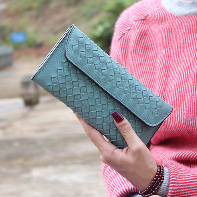 2015新款韩版珠光编织皮长款钱包超薄复古简约手拿包翻盖大容量潮