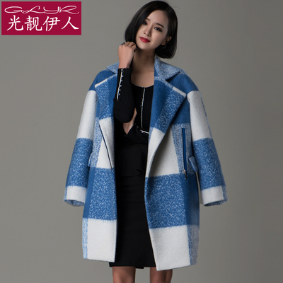 毛呢外套女2015秋冬新款韩版中长款修身大码冬季加厚格子呢子大衣