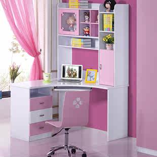 粉色电脑台配套简约台式电脑桌书架结合儿童转角书桌储物学习书桌