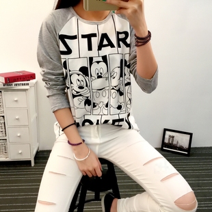 学生少女秋季新款韩版宽松大码卡通米奇竖条纹长袖T恤打底衫上衣