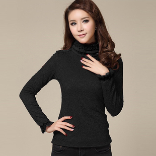 包邮2015冬装新款韩版大码高领加绒加厚蕾丝打底衫女长袖修身上衣