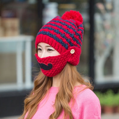 帽子女冬天韩版潮胡子毛线帽针织秋冬季保暖口罩帽加绒加厚护耳帽