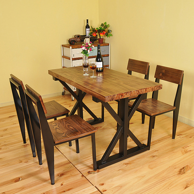 美式实木餐桌椅组合做旧咖啡桌餐桌饭桌铁艺酒吧桌复古酒店桌椅