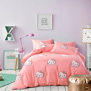 全棉卡通绣花kitty猫被套三件套凯蒂猫床单四件套1.51.8m床上用品