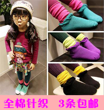 包邮秋冬季韩版儿童中筒袜子撞色拼接花边长筒袜中小大童堆堆袜套