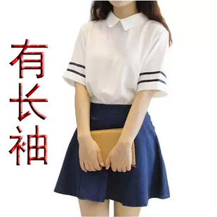 韩国海军 学院风条纹短袖娃娃领翻领雪纺衬衫上衣女打底学生衬衣