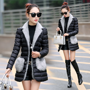 2015新款冬装棉衣女中长款修身韩版水貂绒西装领加厚假两件套外套