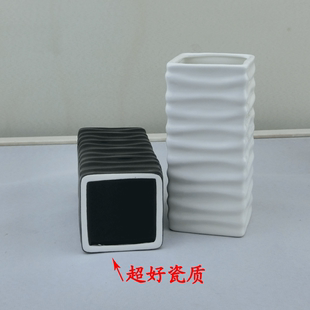 方形白色直筒陶瓷花瓶 现代简约水波风格 黑色花插笔筒富贵竹花器